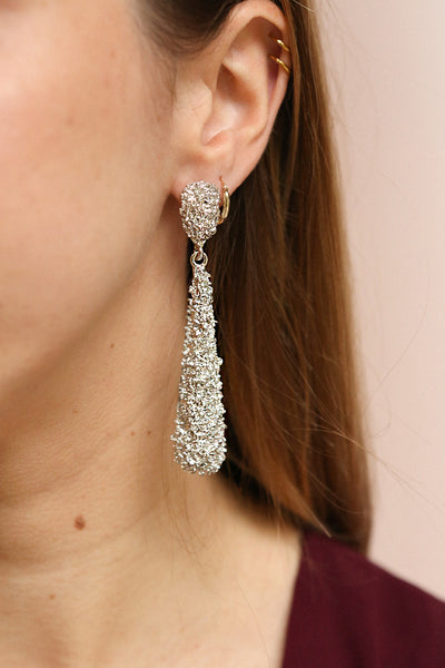 Albina Argent Silver Drop Pendant Earrings | La Petite Garçonne on model