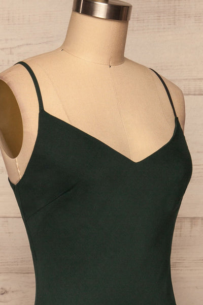 Alcyone Green Silky Dress | Robe Satinée side close up | La Petite Garçonne