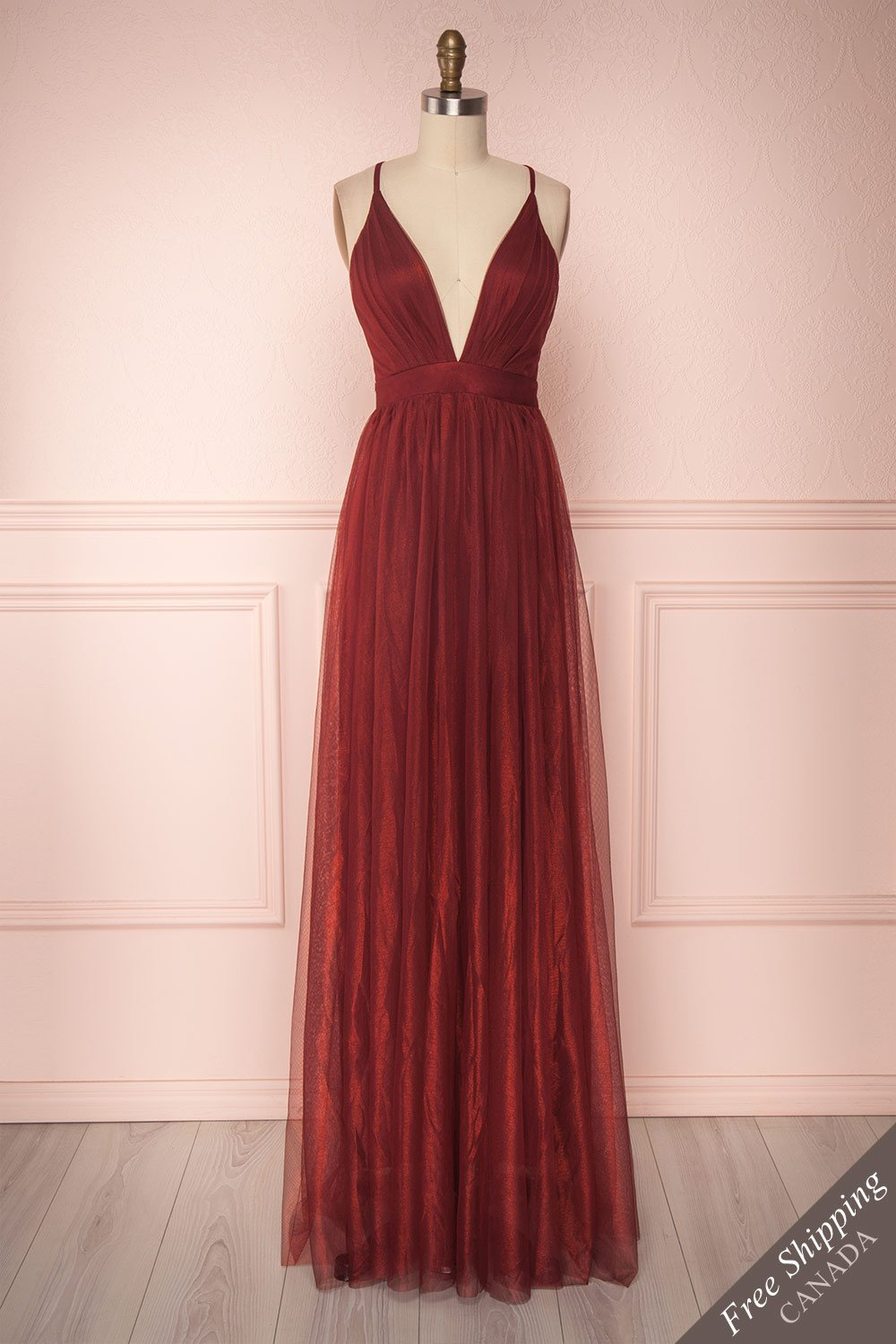 Alecta Bourgogne Red Mesh Gown with Plunging Neckline | Boutique 1861