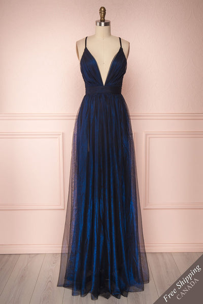 Alecta Marine Blue Mesh Gown with Plunging Neckline | Boutique 1861