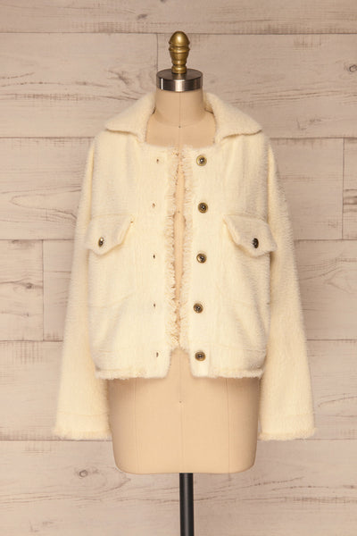 Alfonsia Cream White Buttoned Fuzzy Jacket | La petite garçonne front view open