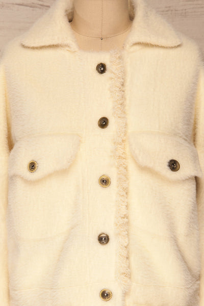 Alfonsia Cream White Buttoned Fuzzy Jacket | La petite garçonne front close-up