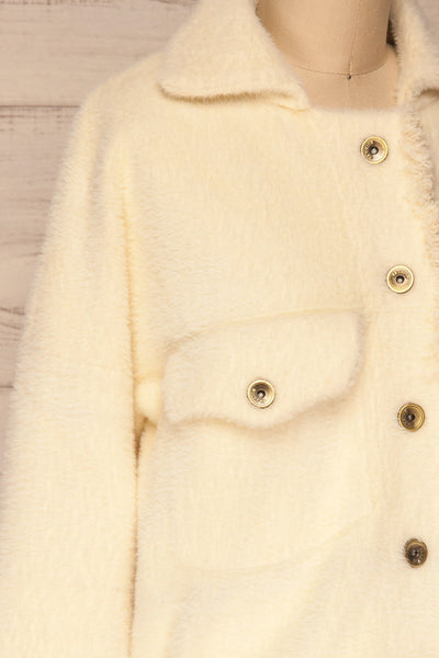 Alfonsia Cream White Buttoned Fuzzy Jacket | La petite garçonne side close-up