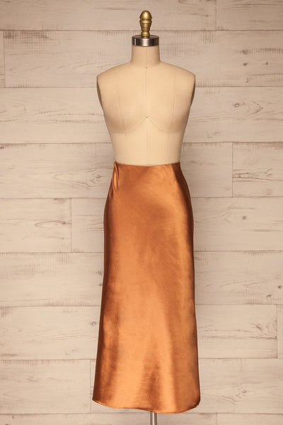 Alia Bronze Midi Satin Skirt | Jupe front view | La Petite Garçonne
