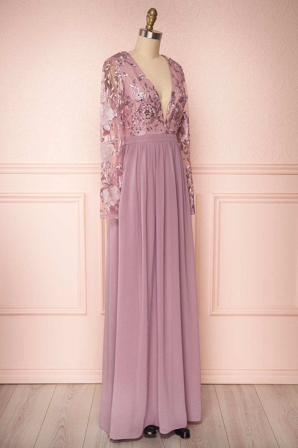 Aliana Mauve Lilac Floral Embroidered A-Line Gown side view | Boutique 1861