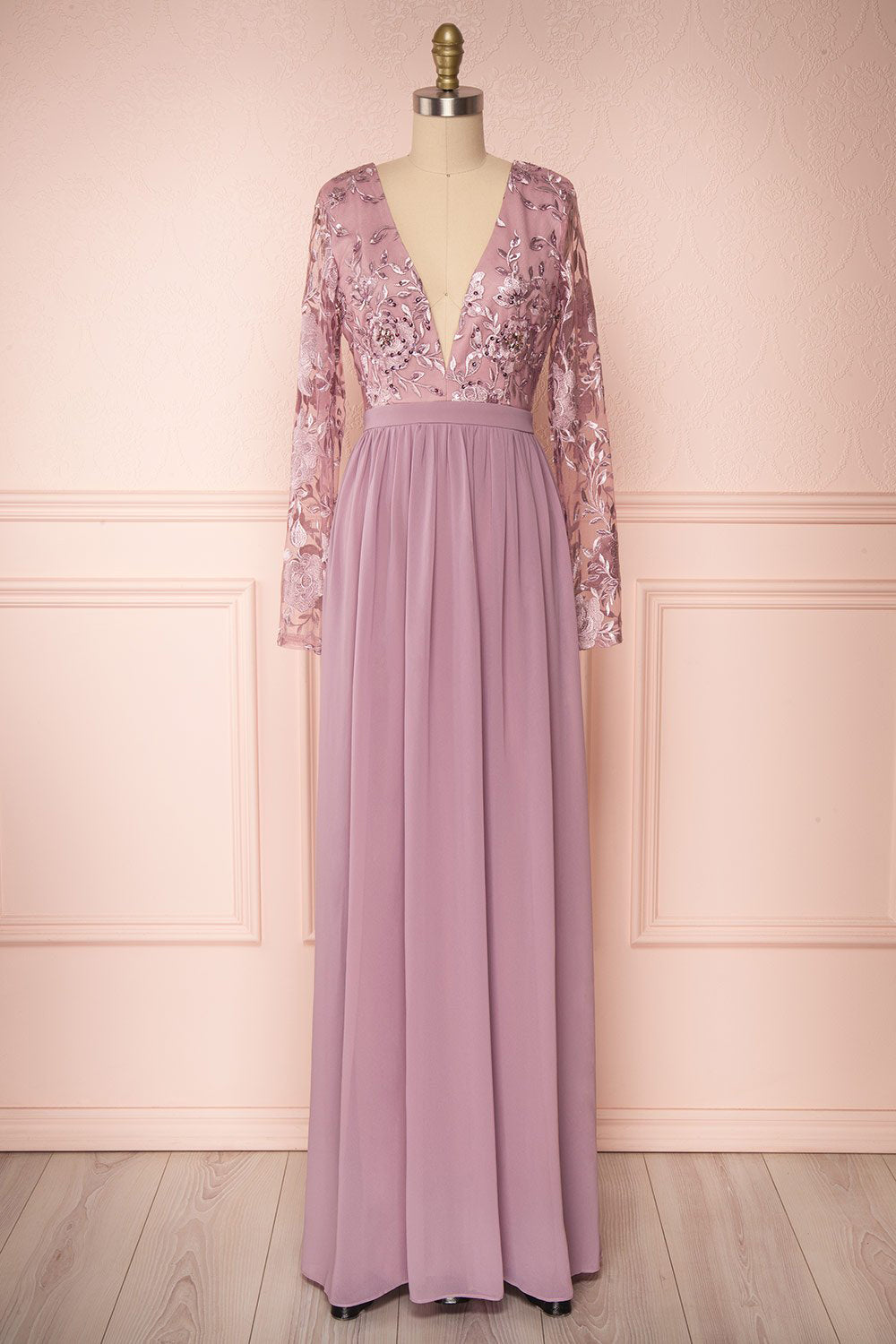 Aliana Mauve Lilac Floral Embroidered A-Line Gown | Boutique 1861