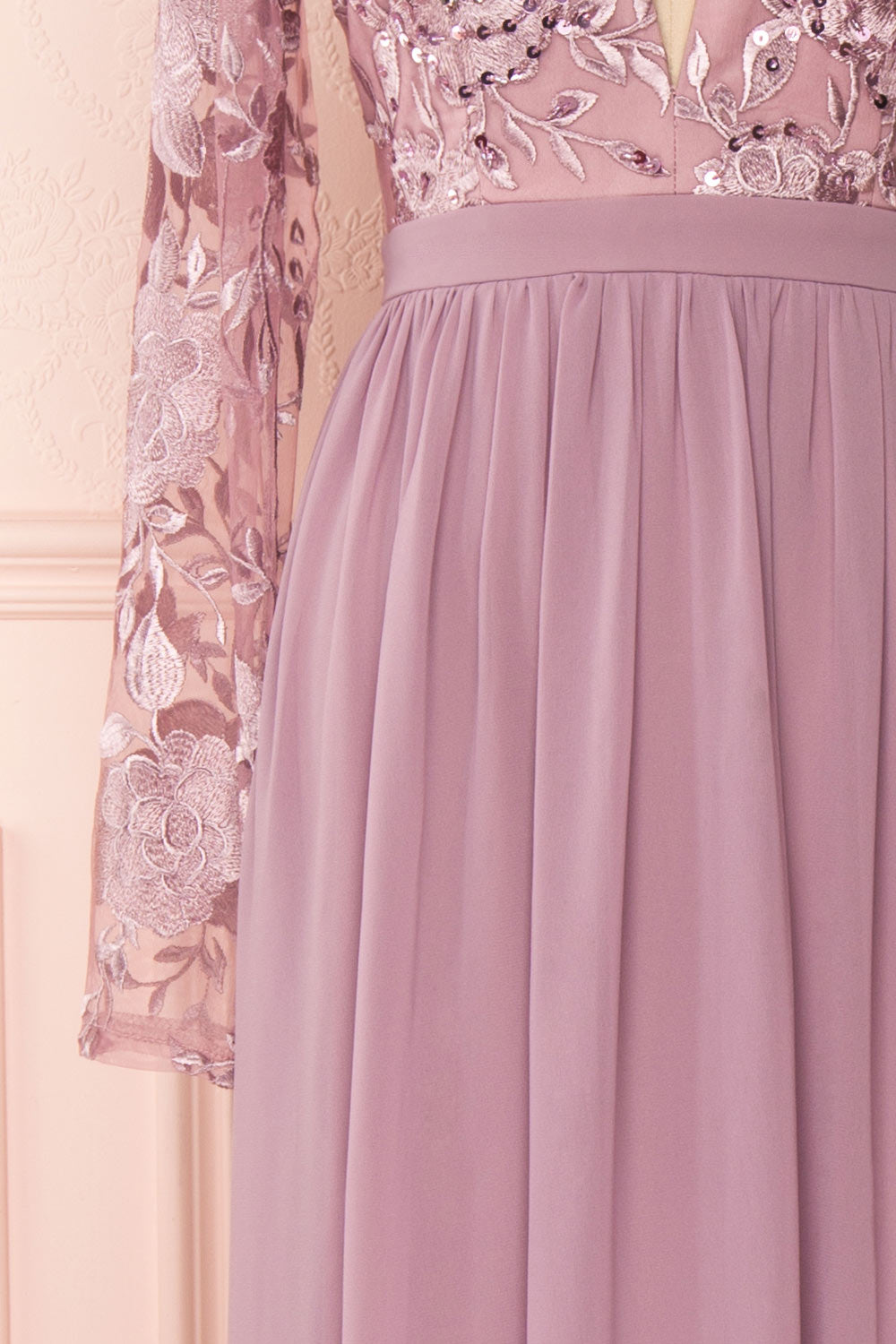 Aliana Mauve Lilac Floral Embroidered A-Line Gown sleeve close up | Boutique 1861
