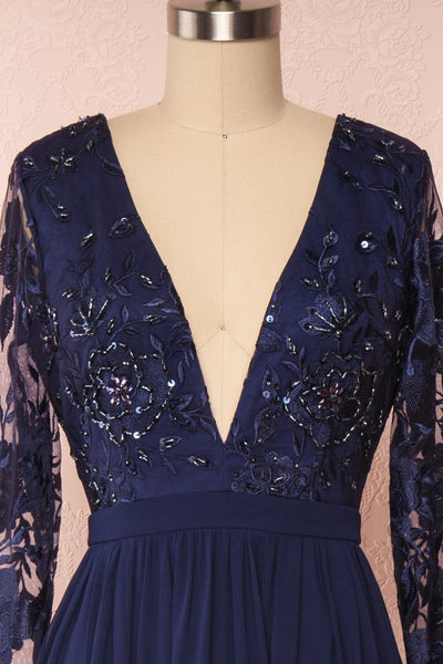 Aliana Navy Blue Floral Embroidered A-Line Gown face close up | Boutique 1861