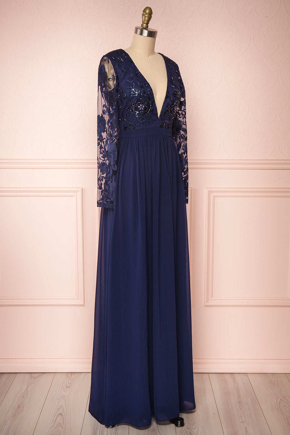 Aliana Navy Blue Floral Embroidered A-Line Gown side close up | Boutique 1861