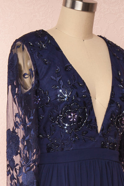 Aliana Navy Blue Floral Embroidered A-Line Gown side | Boutique 1861