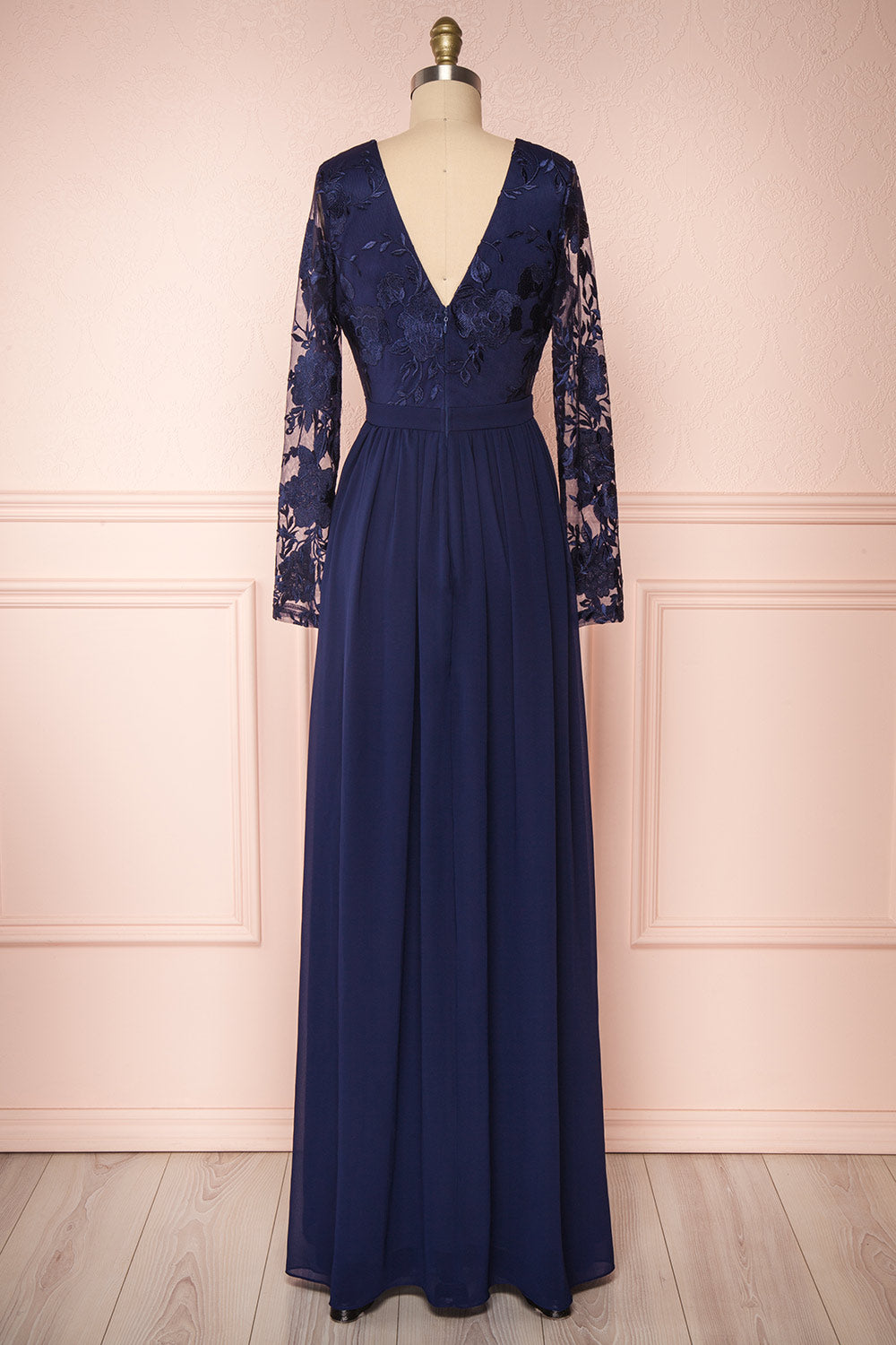 Aliana Navy Blue Floral Embroidered A-Line Gown back view | Boutique 1861