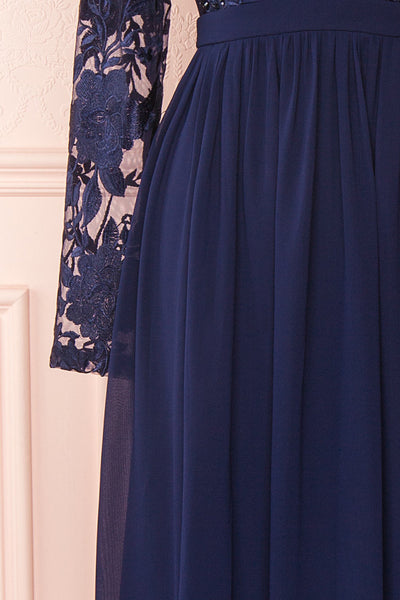 Aliana Navy Blue Floral Embroidered A-Line Gown sleeve close up | Boutique 1861