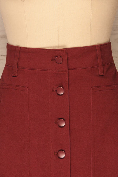 Alijo Burgundy Button-Up Mini Skirt with Pockets | La Petite Garçonne front close-up