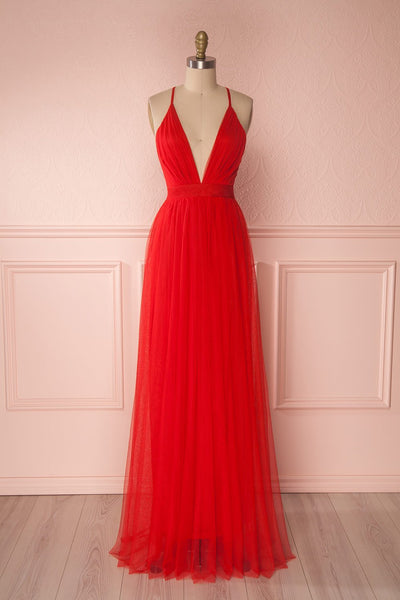 Aliki Red Mesh Plunging Neckline Maxi Dress | Boutique 1861 1