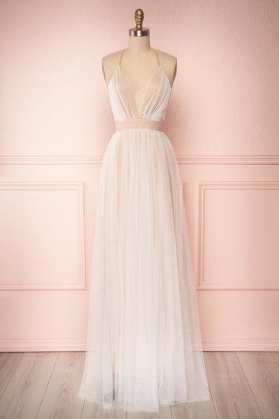 Aliki Taupe & White Mesh Maxi Dress | Boutique 1861 front view