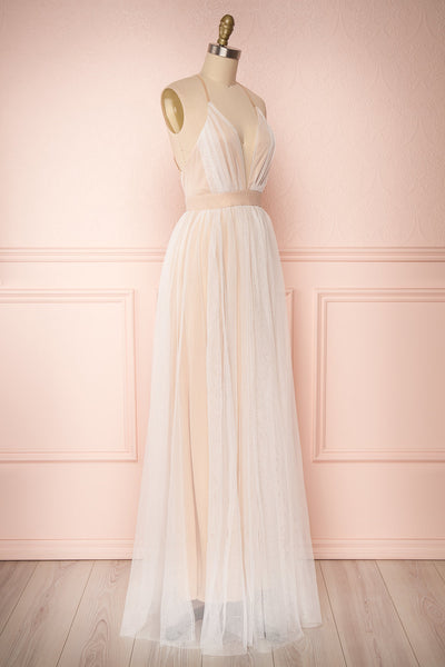 Aliki Taupe & White Mesh Maxi Dress | Boutique 1861 side view
