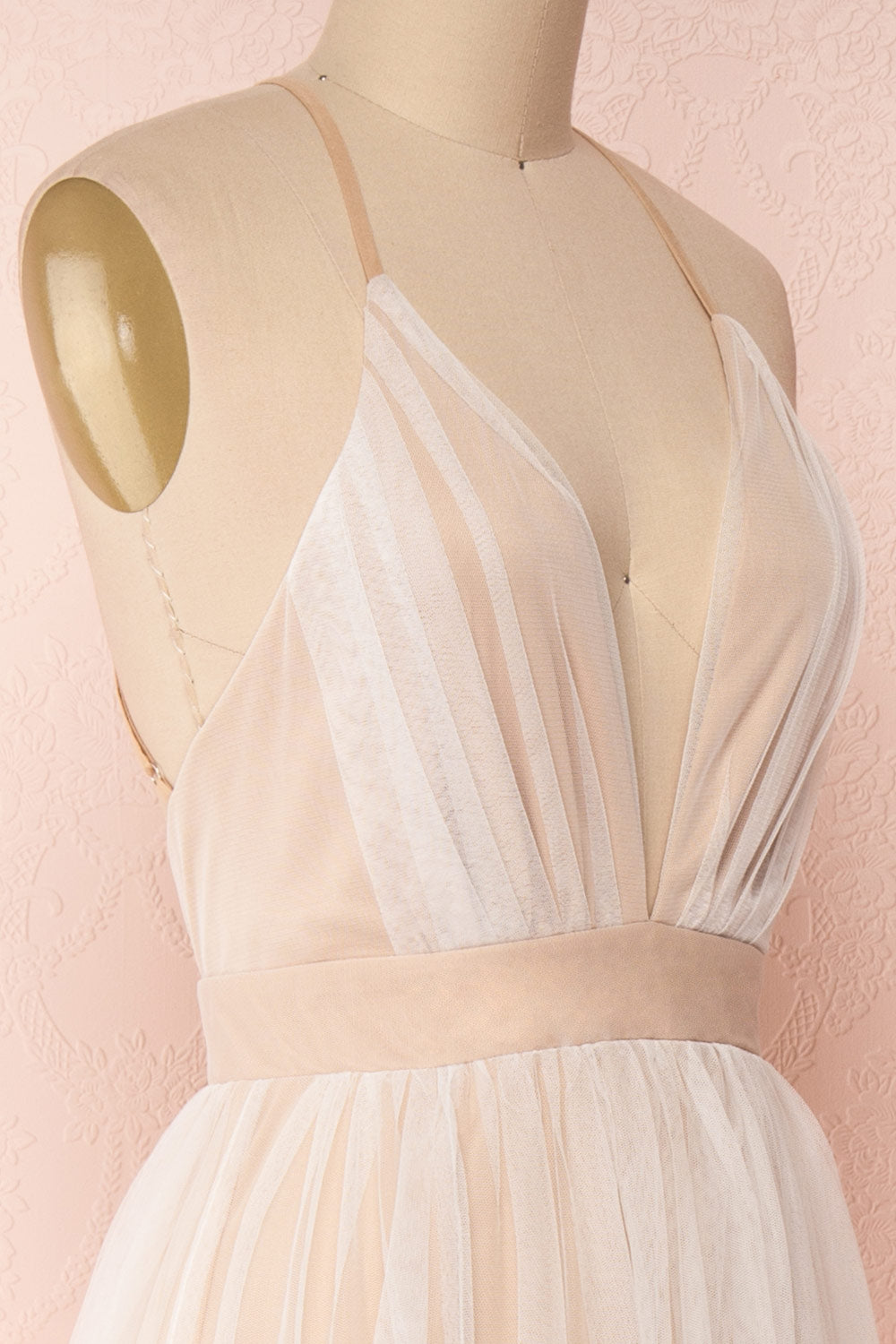 Aliki Taupe & White Mesh Maxi Dress | Boutique 1861 side close-up