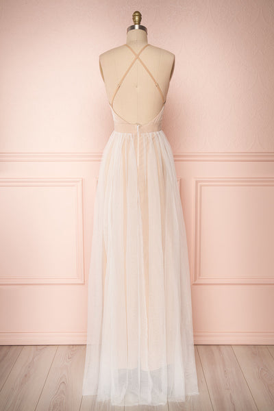 Aliki Taupe & White Mesh Maxi Dress | Boutique 1861 back view