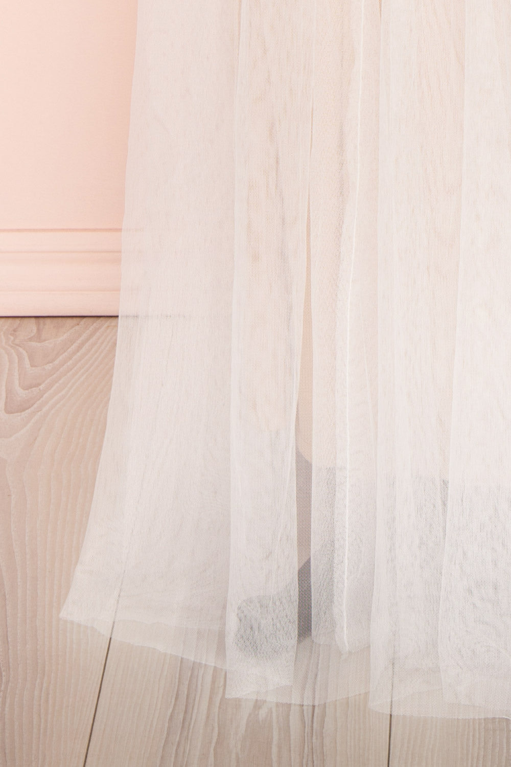 Aliki Taupe & White Mesh Maxi Dress | Boutique 1861 bottom close-up