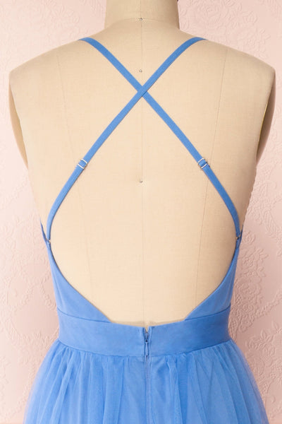 Aliki Blue Mesh Maxi Dress | Boutique 1861 back close-up