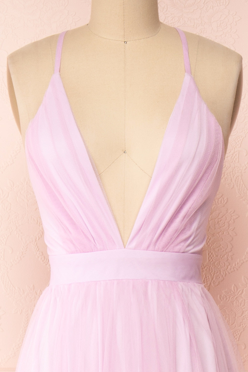 Aliki Lavender Pink Mesh Maxi Dress | Boutique 1861 front close-up