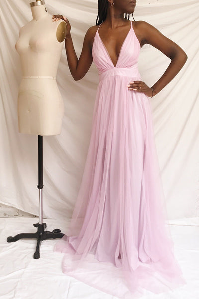 Aliki Lavender Pink Mesh Maxi Dress | Boutique 1861 on model