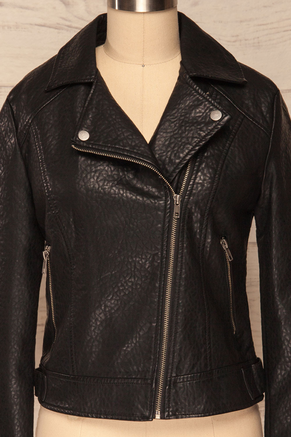 Almada Black Faux Leather Motorcycle Jacket | FRONT CLOSE UP ZIPPER CLOSED | La Petite Garçonne