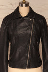 Almada Black Faux Leather Motorcycle Jacket | FRONT CLOSE UP | La Petite Garçonne