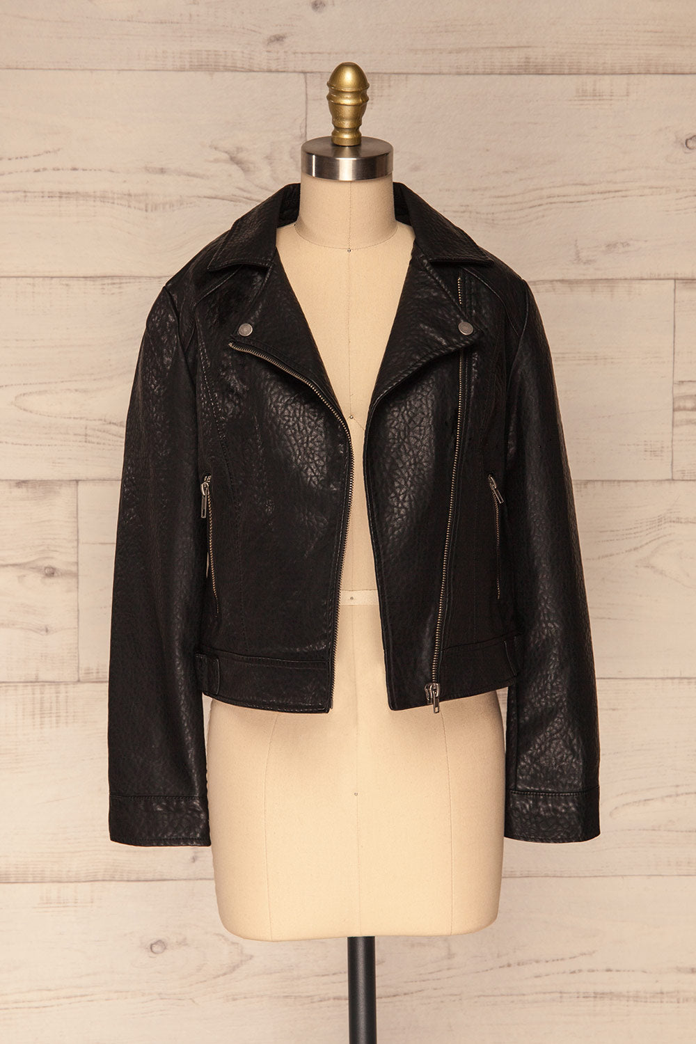 Almada Black Faux Leather Motorcycle Jacket | FONT VIEW ZIPPER OPEN | La Petite Garçonne