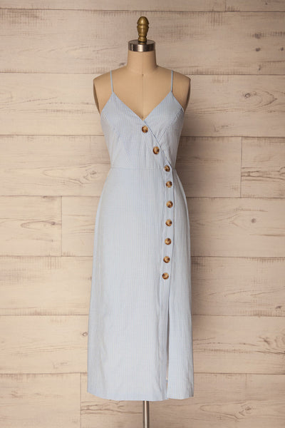 Almé Pluie White & Blue Striped Midi Wrap Dress | La Petite Garçonne