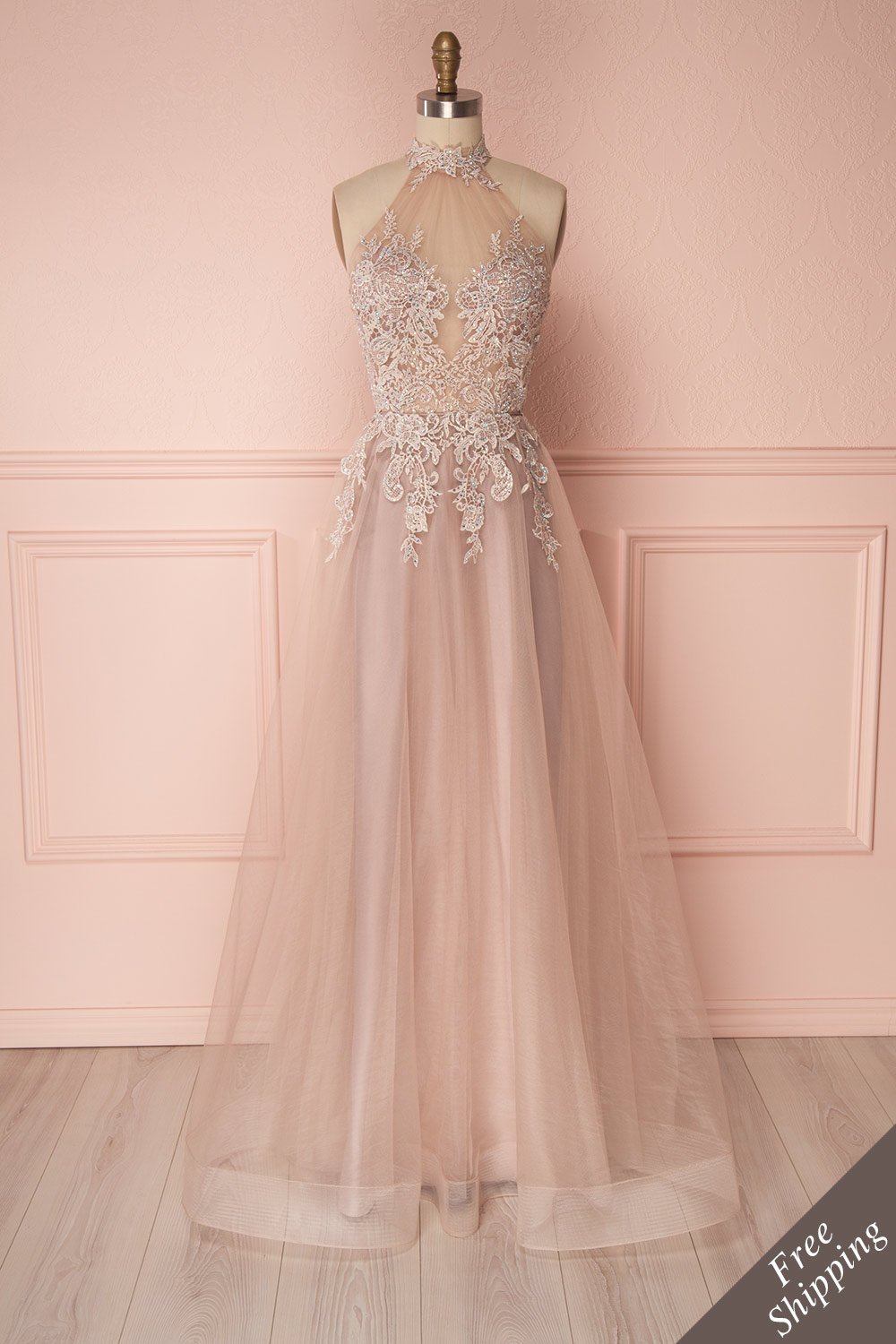 Almedia Dusty Mauve Embroidered & Crystals Halter Gown | Boutique 1861
