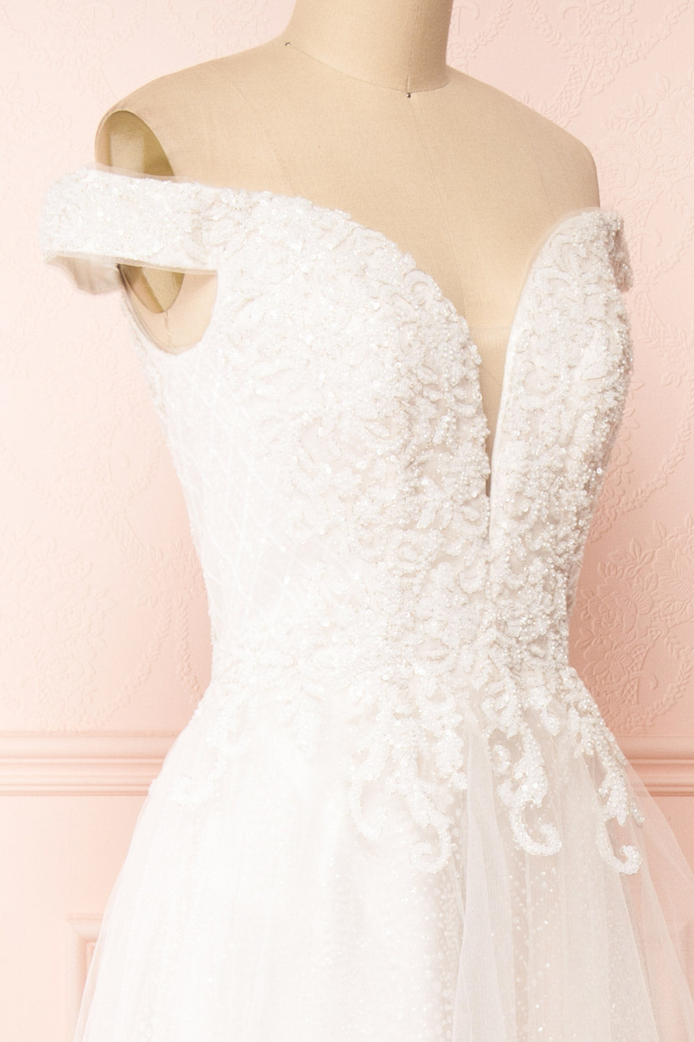 Amalia White Off-Shoulder A-Line Bridal Dress | Boudoir 1861 side close-up