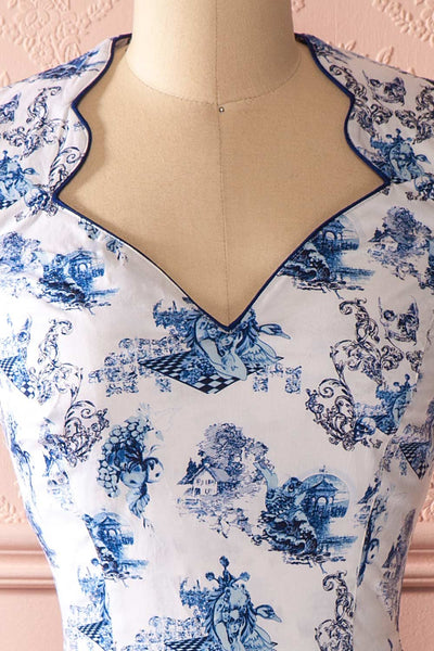 Ambroise - Blue and white print retro midi dress