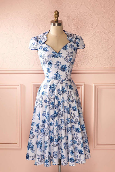 Ambroise - Blue and white print retro midi dress