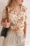 Anapa Beige Floral V-Neck T-Shirt | La petite garçonne on model
