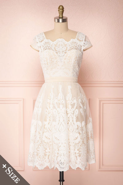 Kiera Short Ivory A-Line Dress w/ Floral Appliqué