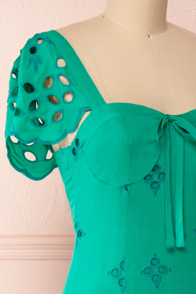 Andreia Turquoise Openwork Short Dress | Boutique 1861 side close-up