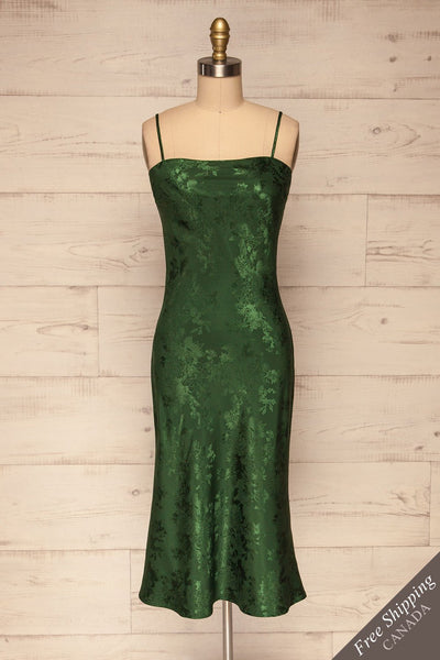 Anemone Green Satin Dress | Robe Verte front view FS | La Petite Garçonne