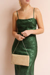 Anemone Green Satin Dress | Robe Verte | La Petite Garçonne on model with gold accessories