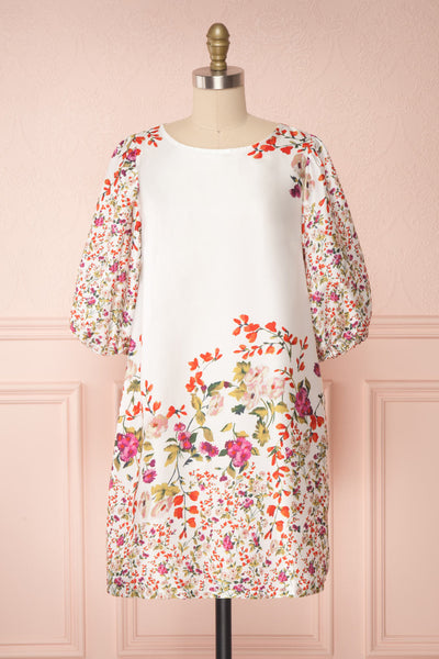 Angelica White Floral Puffy Sleeve Dress | Boutique 1861 front view