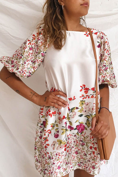 Angelica White Floral Puffy Sleeve Dress | Boutique 1861 on model
