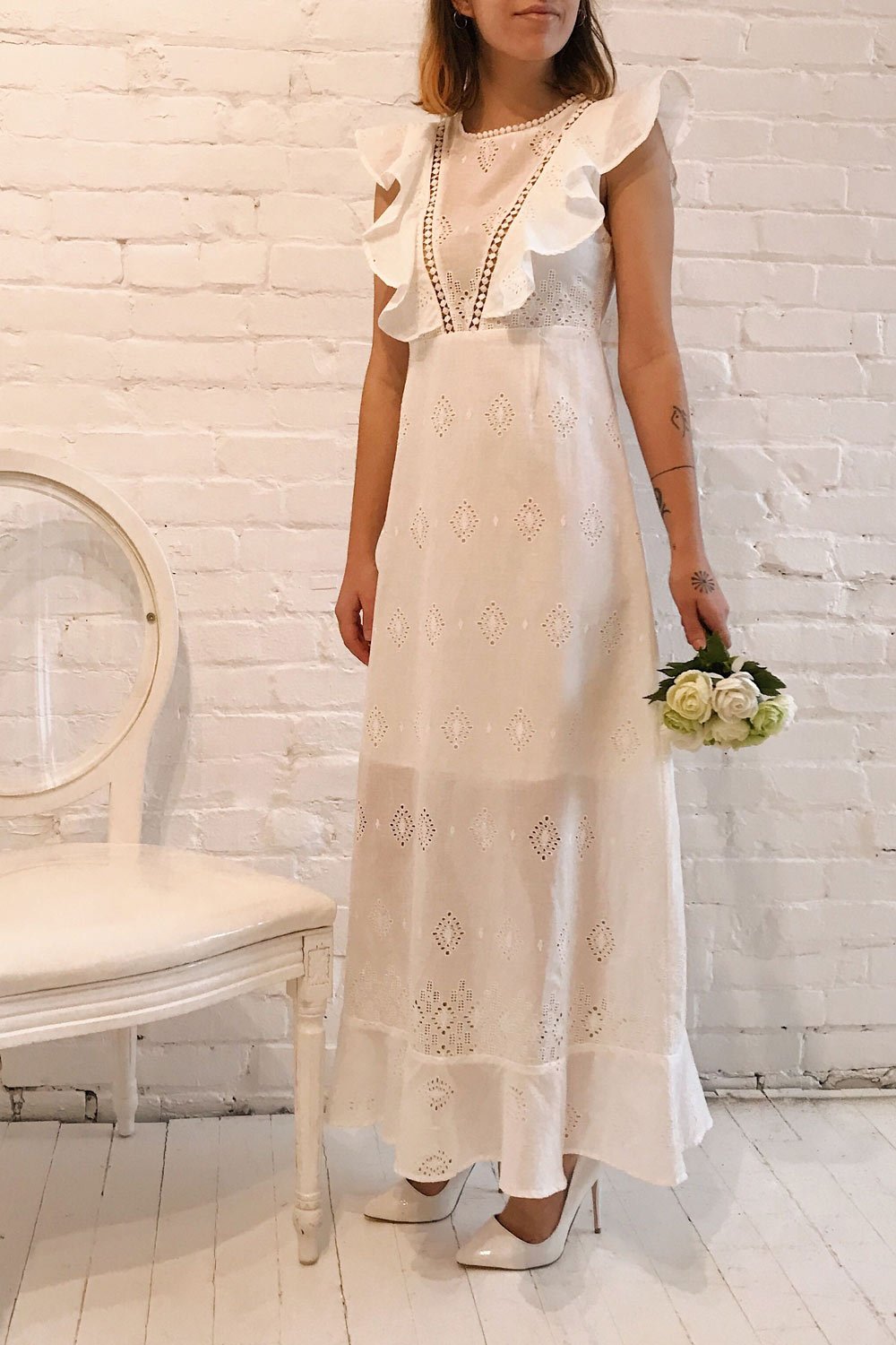 Angeline White Maxi Openwork Bridal Dress | Boudoir 1861 on model