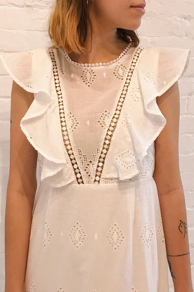 Angeline White Maxi Openwork Bridal Dress | Boudoir 1861 model close up