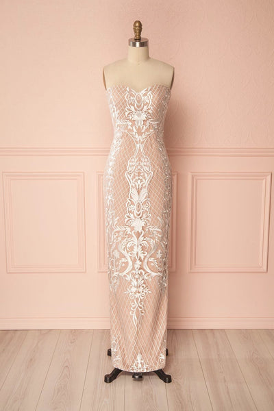 Angélique Beige Embroidered Fitted Maxi Dress with Cape | Boudoir 1861 3