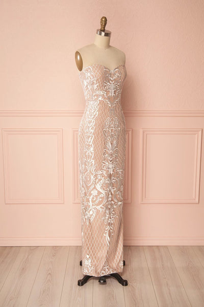Angélique Beige Embroidered Fitted Maxi Dress with Cape | Boudoir 1861 5