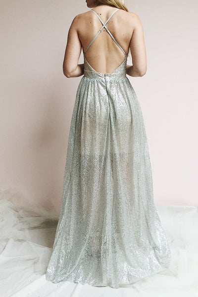 Anice Silver Glittery Dress | Robe Argent | Boutique 1861 on model view from the back