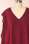 Anisha Burgundy Wide Long Sleeve Dress w/ Frills | Boutique 1861 front close up