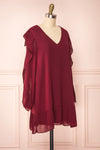 Anisha Burgundy Wide Long Sleeve Dress w/ Frills | Boutique 1861 side view