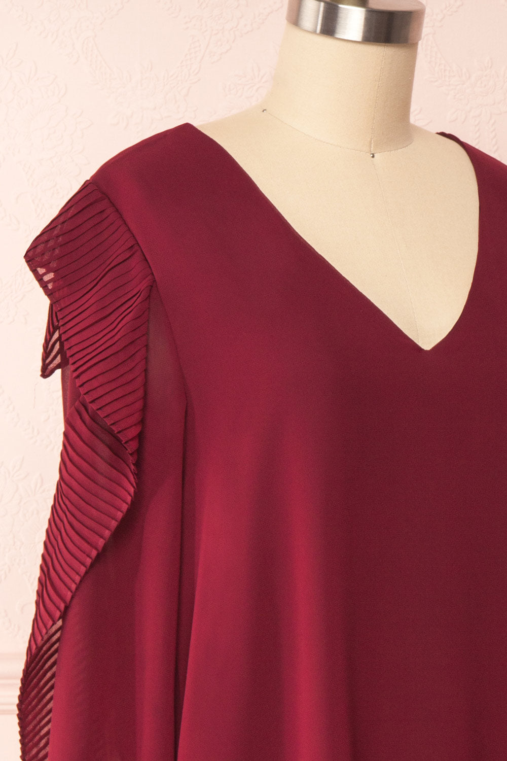 Anisha Burgundy Wide Long Sleeve Dress w/ Frills | Boutique 1861 side close up