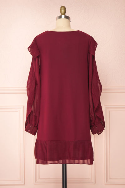 Anisha Burgundy Wide Long Sleeve Dress w/ Frills | Boutique 1861 back view
